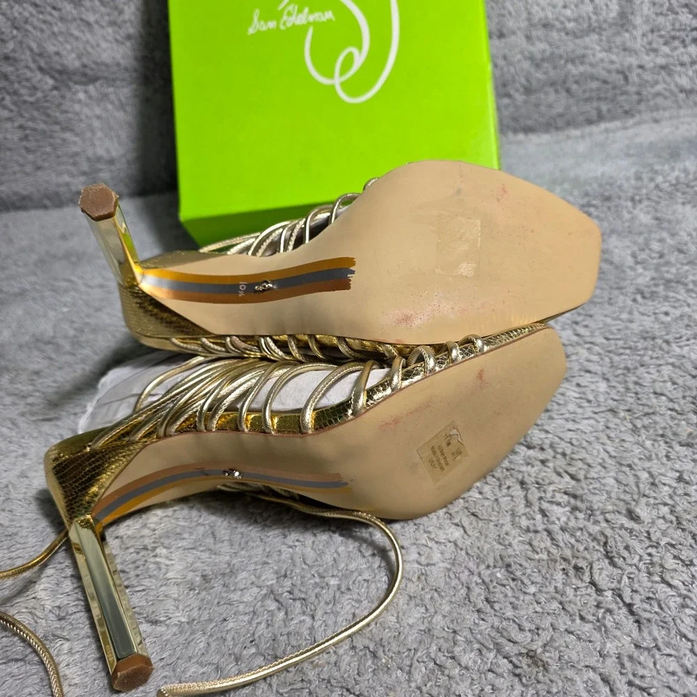 Sam Edelman Lylah Gold Metallic Strappy Lace‎ Up Stiletto Heels Sandals 10.5 NEW